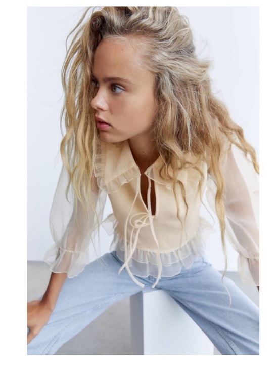 Zara organza knit Sheer Ruffle-Trim Cream Blouse with Tie Neck NWOT Sm - Picture 2 of 16